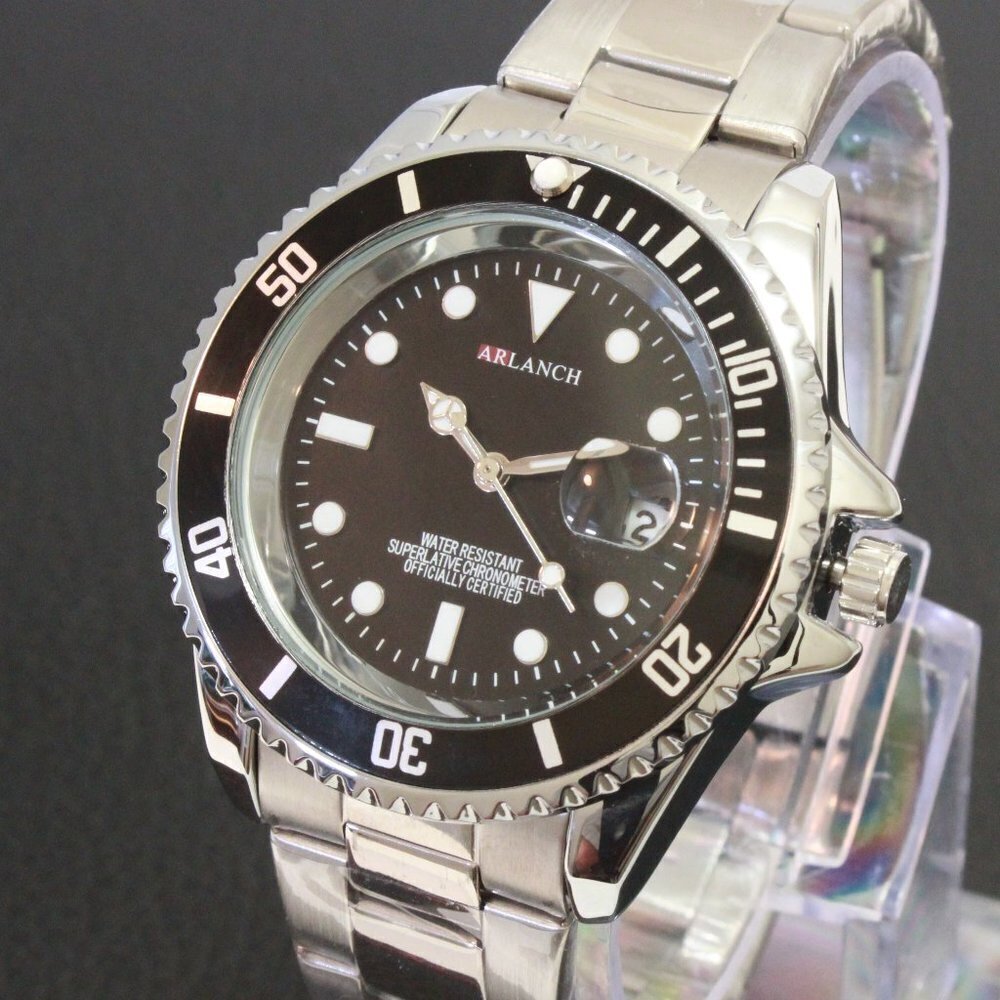 Men's Diver Style Watch Black Uni-directional Bezel Stainless Bracelet 40mm
